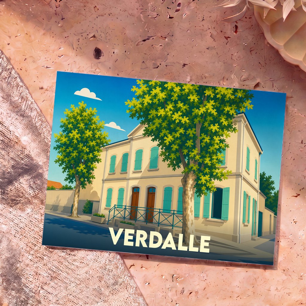 Carte postale souvenir de la ville de Verdalle avec une illustration stylisée d'un bâtiment typique aux volets bleus.