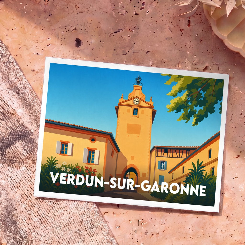 Carte postale souvenir de la ville de Verdun-sur-Garonne avec une illustration stylisée de sa tour de l'horloge.
