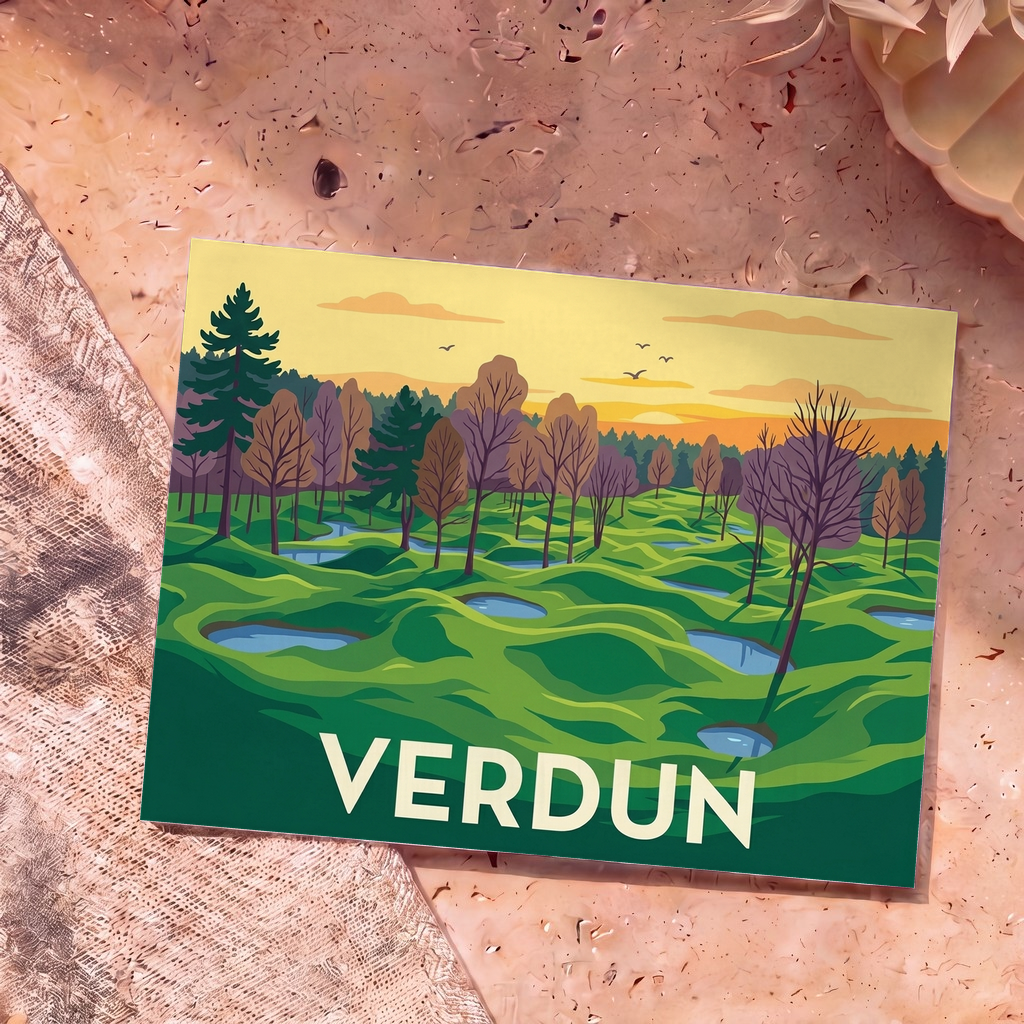 Carte postale souvenir de la ville de Verdun avec une illustration stylisée montrant un paysage vallonné et boisé.