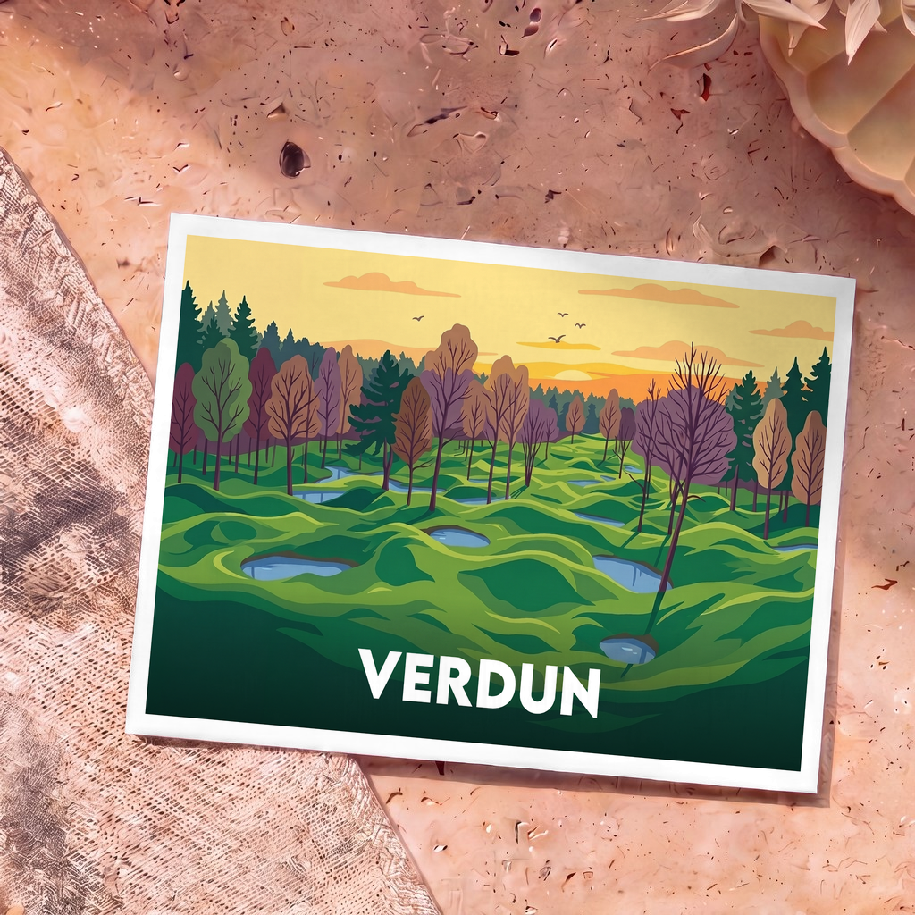 Carte postale souvenir de la ville de Verdun avec une illustration stylisée montrant un paysage vallonné et boisé.