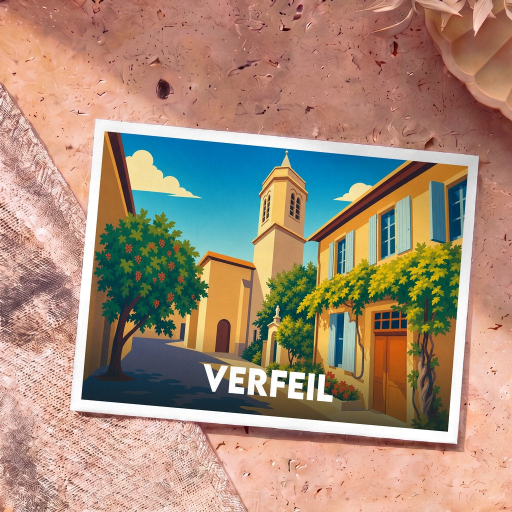 Carte postale souvenir de la ville de Verfeil avec une illustration stylisée d'une rue ensoleillée et de son clocher.