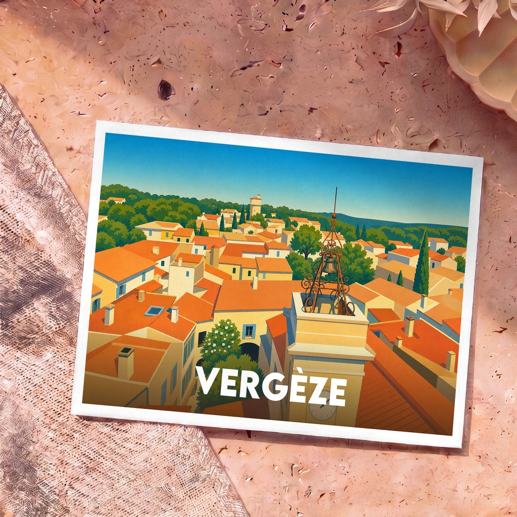 Carte postale souvenir de la ville de Vergèze avec une illustration stylisée de ses toits ensoleillés et de son clocher.