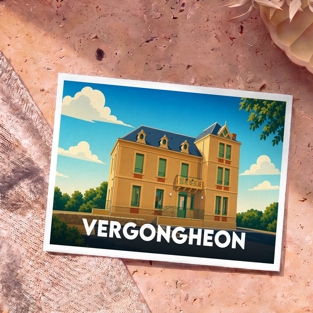 Carte postale souvenir de la ville de Vergongheon avec une illustration stylisée d'une grande bâtisse.