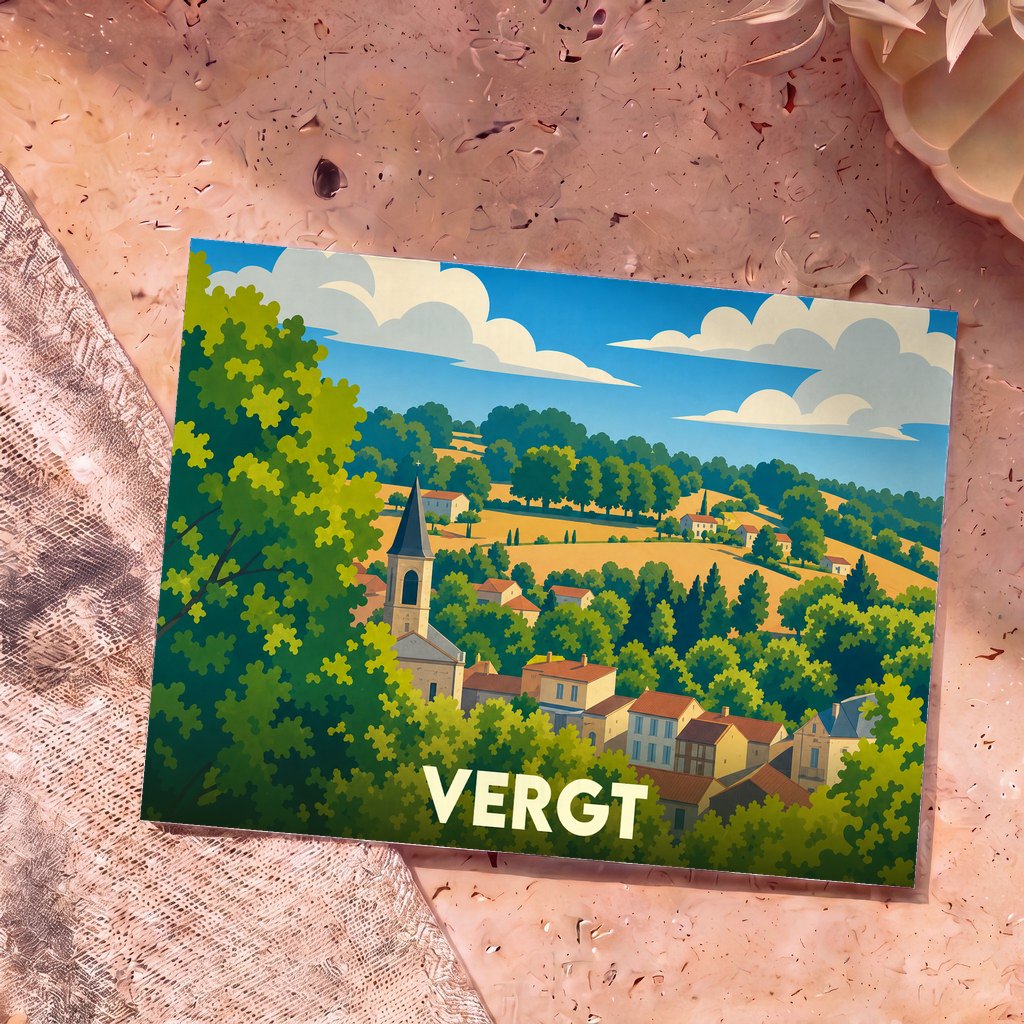 Carte postale souvenir de la ville de Vergt avec une illustration stylisée de son paysage vallonné et de son église.