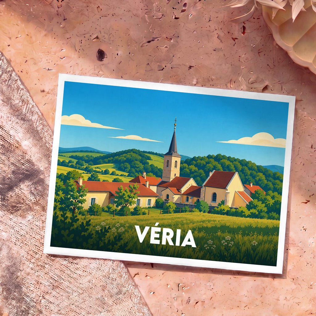 Carte postale souvenir de la ville de Véria avec une illustration stylisée d'un village pittoresque.