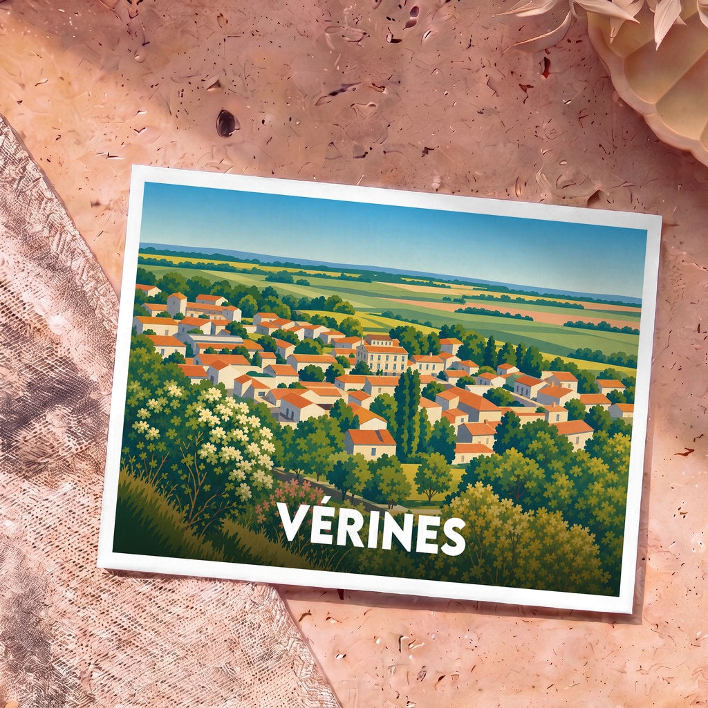 Carte postale souvenir de la ville de Vérines illustrant un paysage de village champêtre.