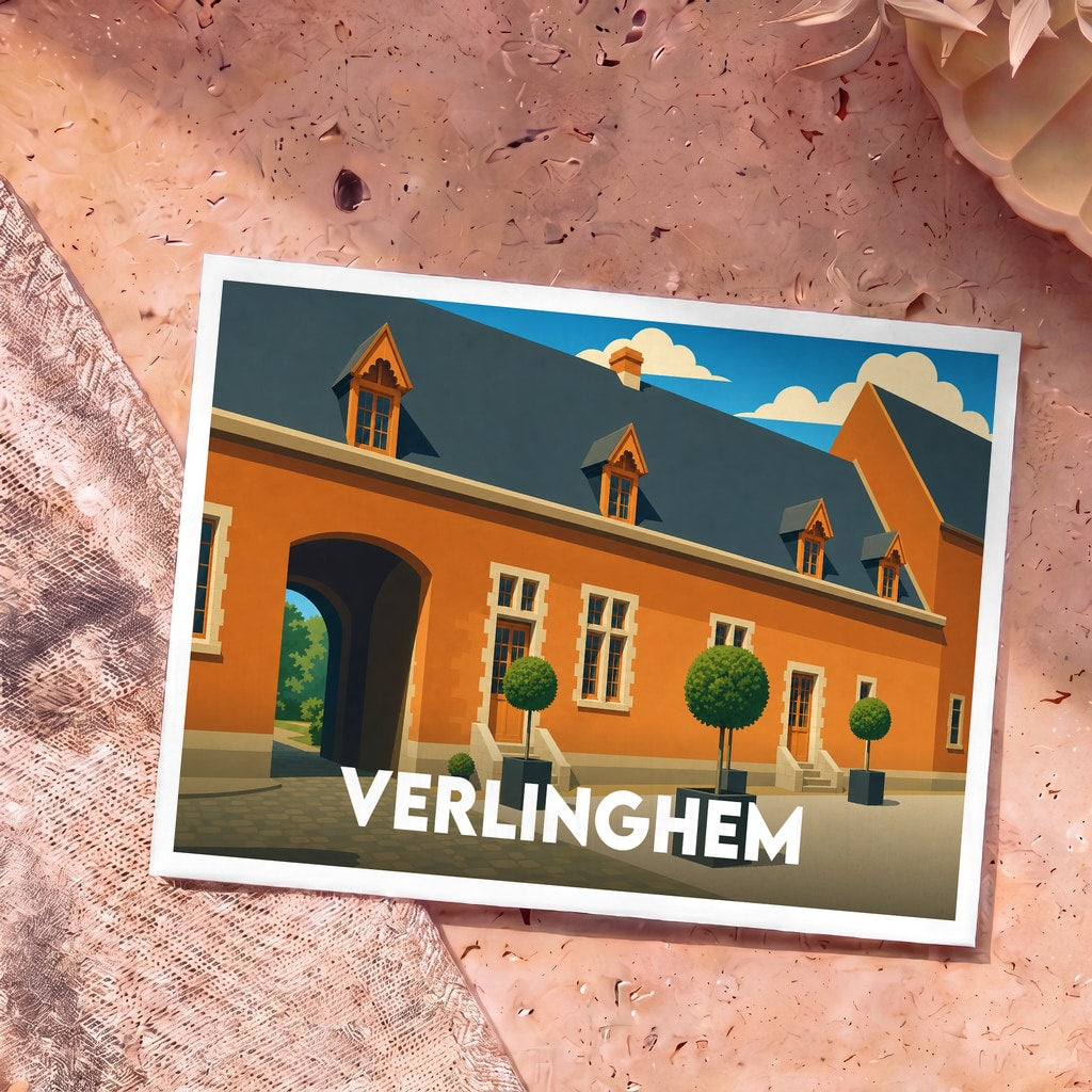 Carte postale souvenir de la ville de Verlinghem avec une illustration stylisée de son architecture.