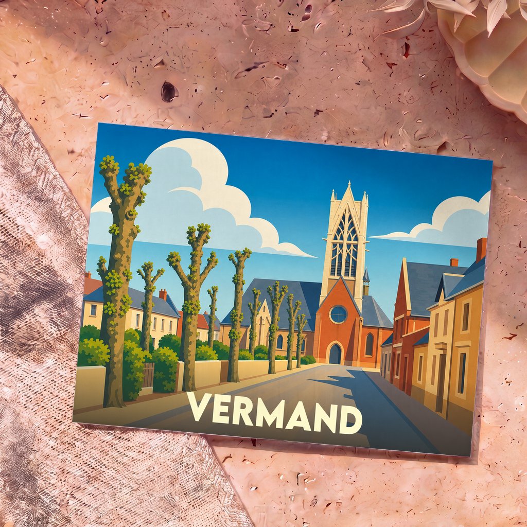 Carte postale souvenir de la ville de Vermand avec une illustration stylisée de son église et de ses rues.
