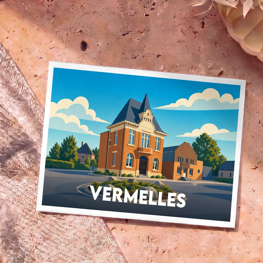 Carte postale souvenir de la ville de Vermelles avec une illustration stylisée de son architecture locale.