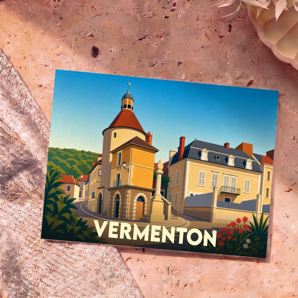 Carte postale souvenir de la ville de Vermenton avec une illustration stylisée montrant ses bâtiments historiques sous un ciel bleu.
