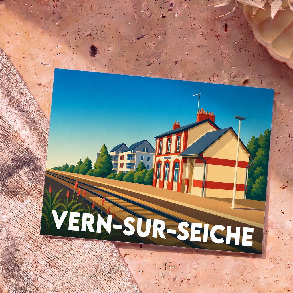Carte postale souvenir de la ville de Vern-sur-Seiche avec une illustration stylisée de sa gare ferroviaire.