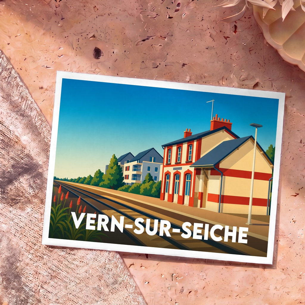 Carte postale souvenir de la ville de Vern-sur-Seiche avec une illustration stylisée de sa gare ferroviaire.