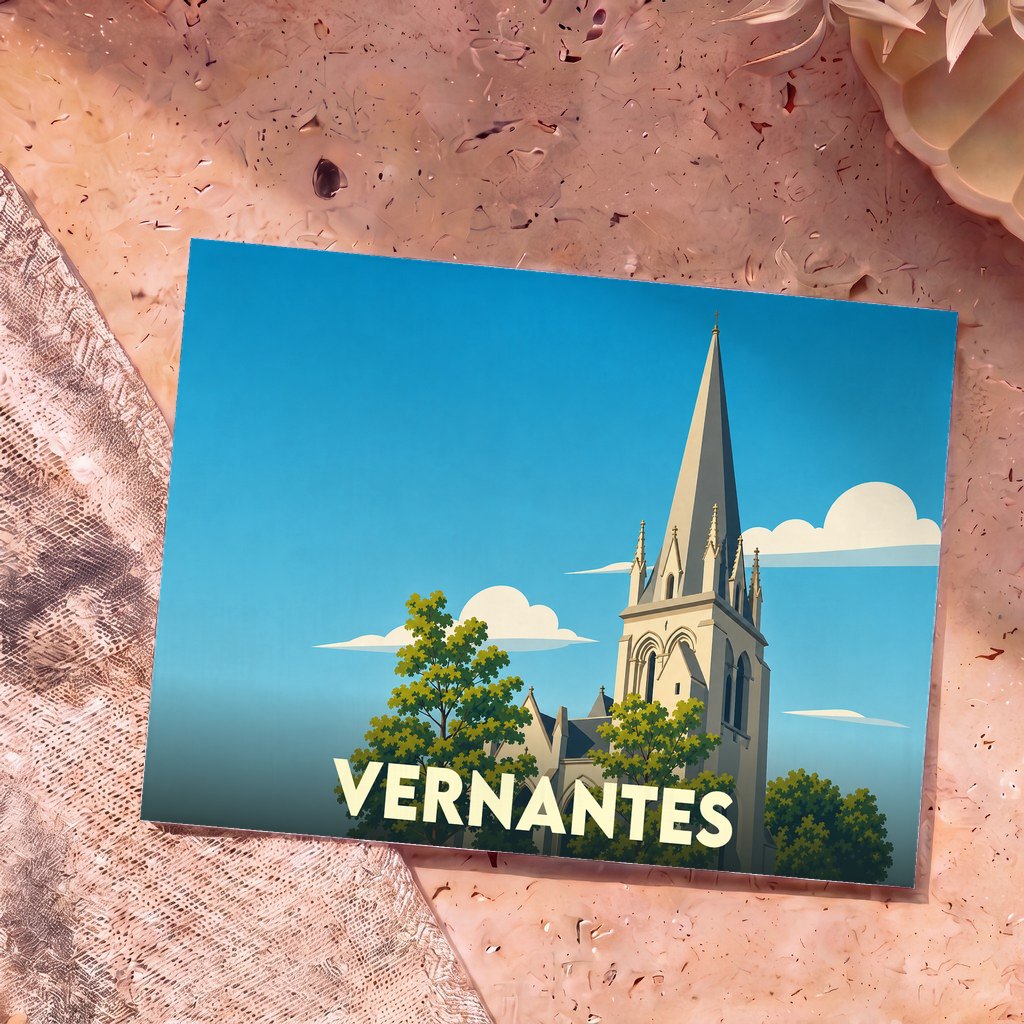 Carte postale souvenir de la ville de Vernantes avec une illustration stylisée de son église.