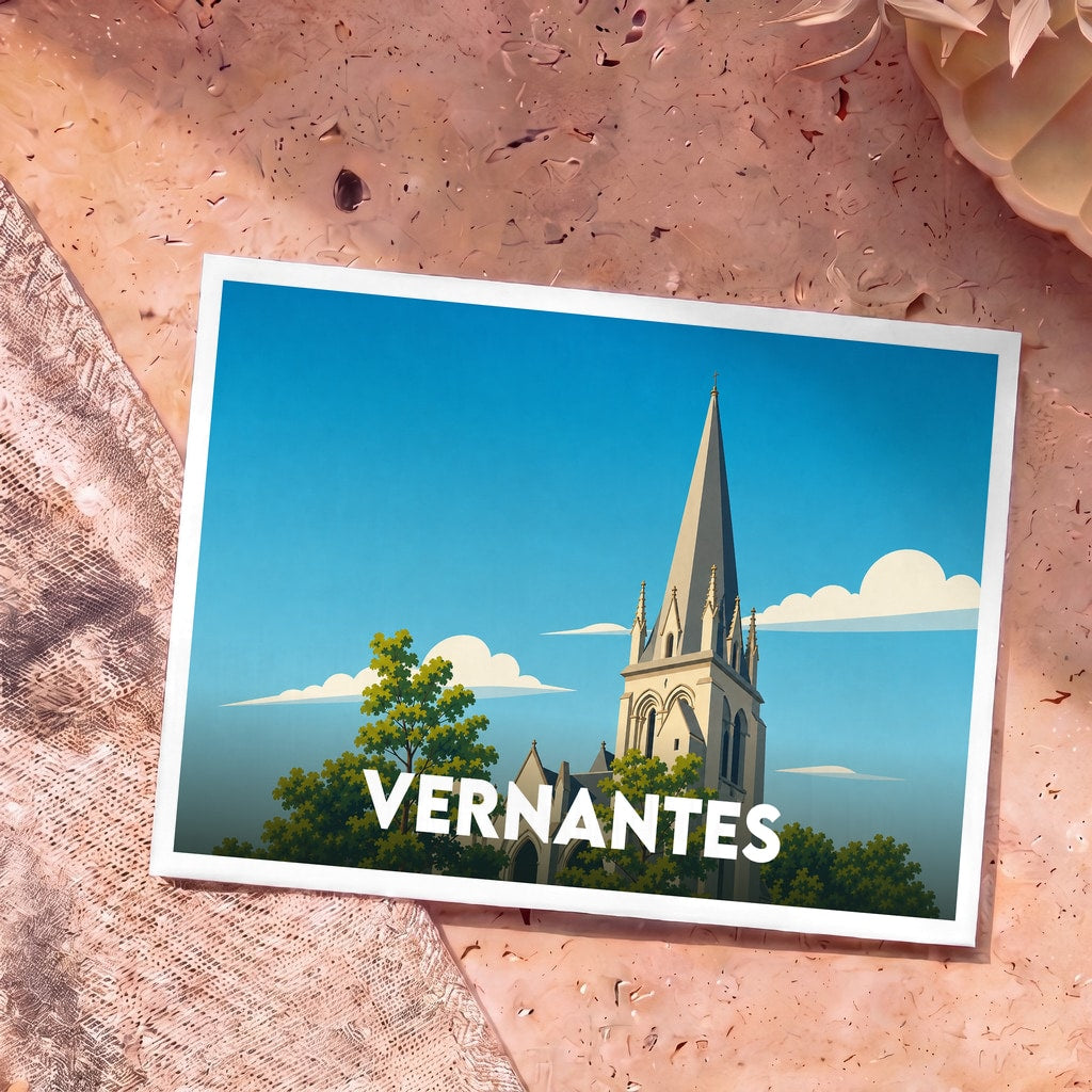 Carte postale souvenir de la ville de Vernantes avec une illustration stylisée de son église.