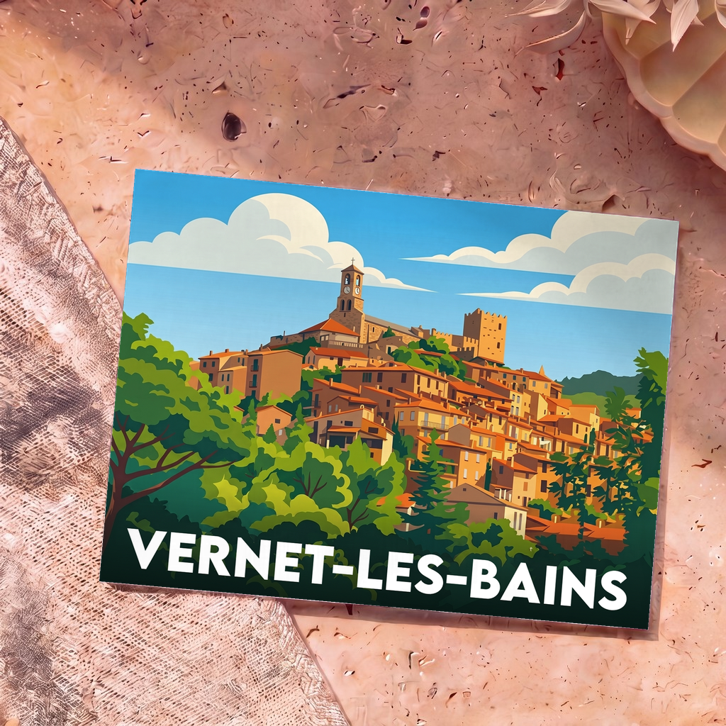 Carte postale souvenir de la ville de Vernet-les-Bains avec une illustration stylisée du village et de son église.