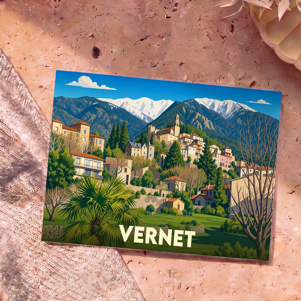 Carte postale souvenir de la ville de Vernet avec une illustration stylisée de ses bâtiments devant des montagnes enneigées.