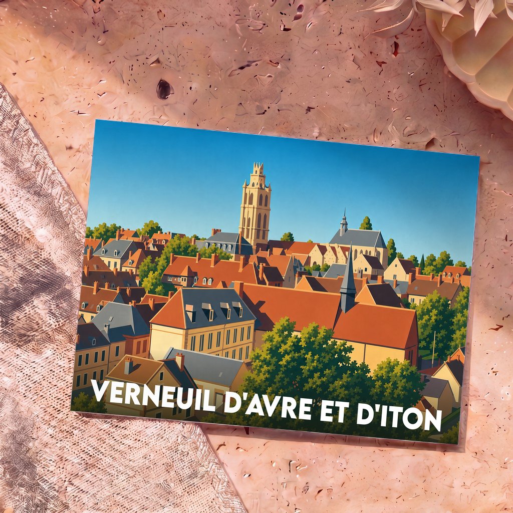 Carte postale souvenir de la ville de Verneuil d'Avre et d'Iton avec une illustration stylisée de ses toits et clochers.