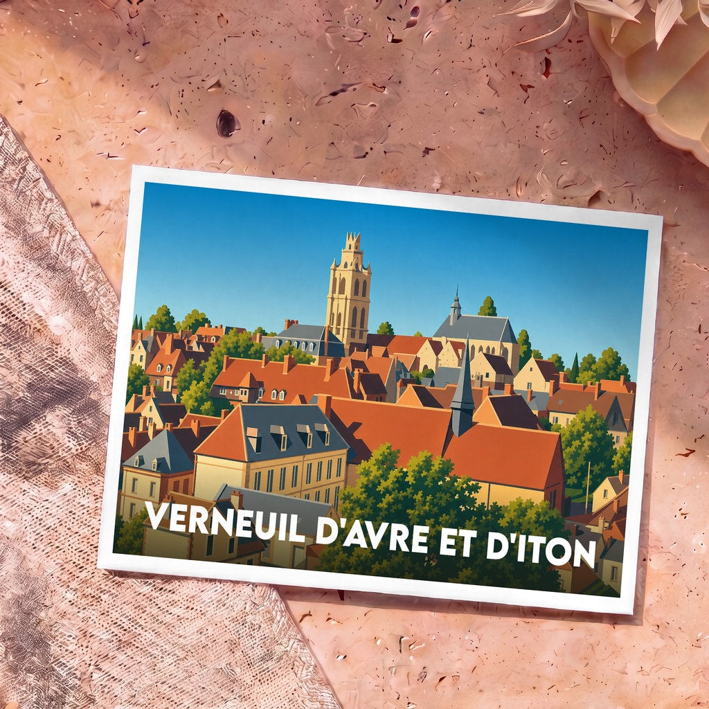 Carte postale souvenir de la ville de Verneuil d'Avre et d'Iton avec une illustration stylisée de ses toits et clochers.