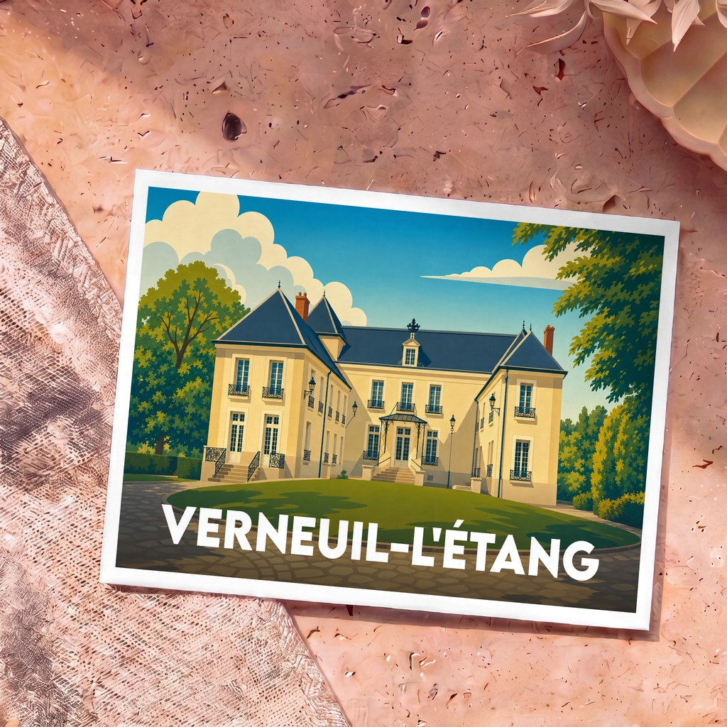 Carte postale souvenir de la ville de Verneuil-l'Étang avec une illustration stylisée d'un château.