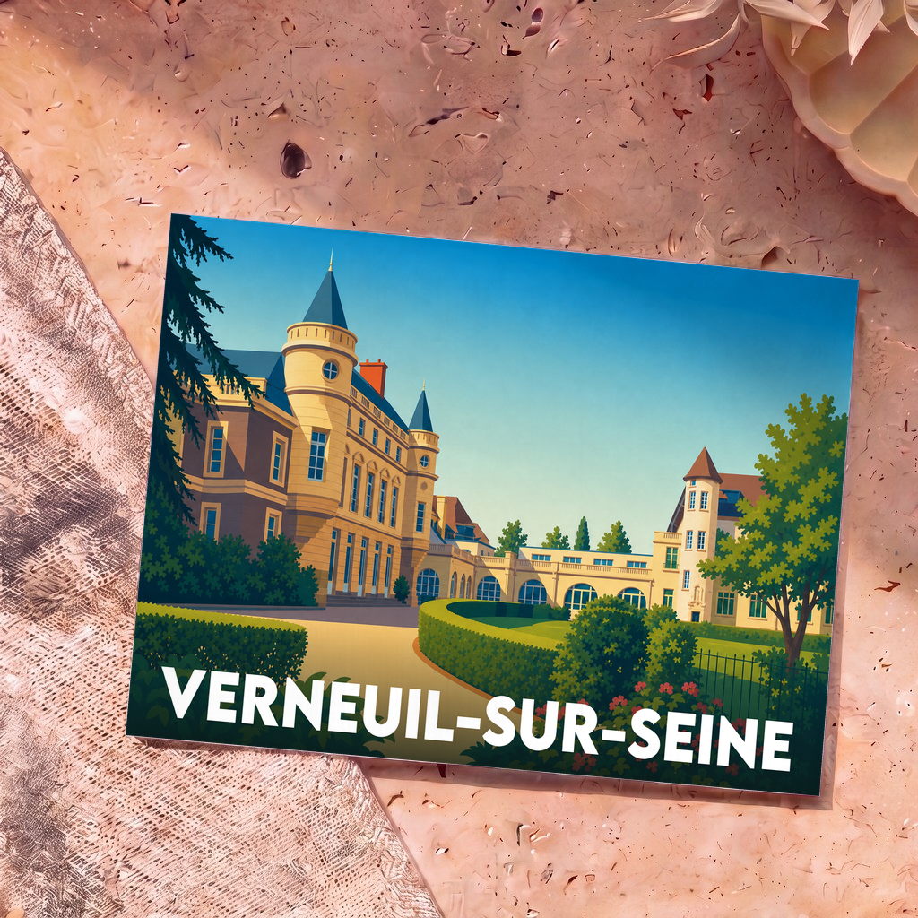 Carte postale souvenir de la ville de Verneuil-sur-Seine avec une illustration stylisée de son château.