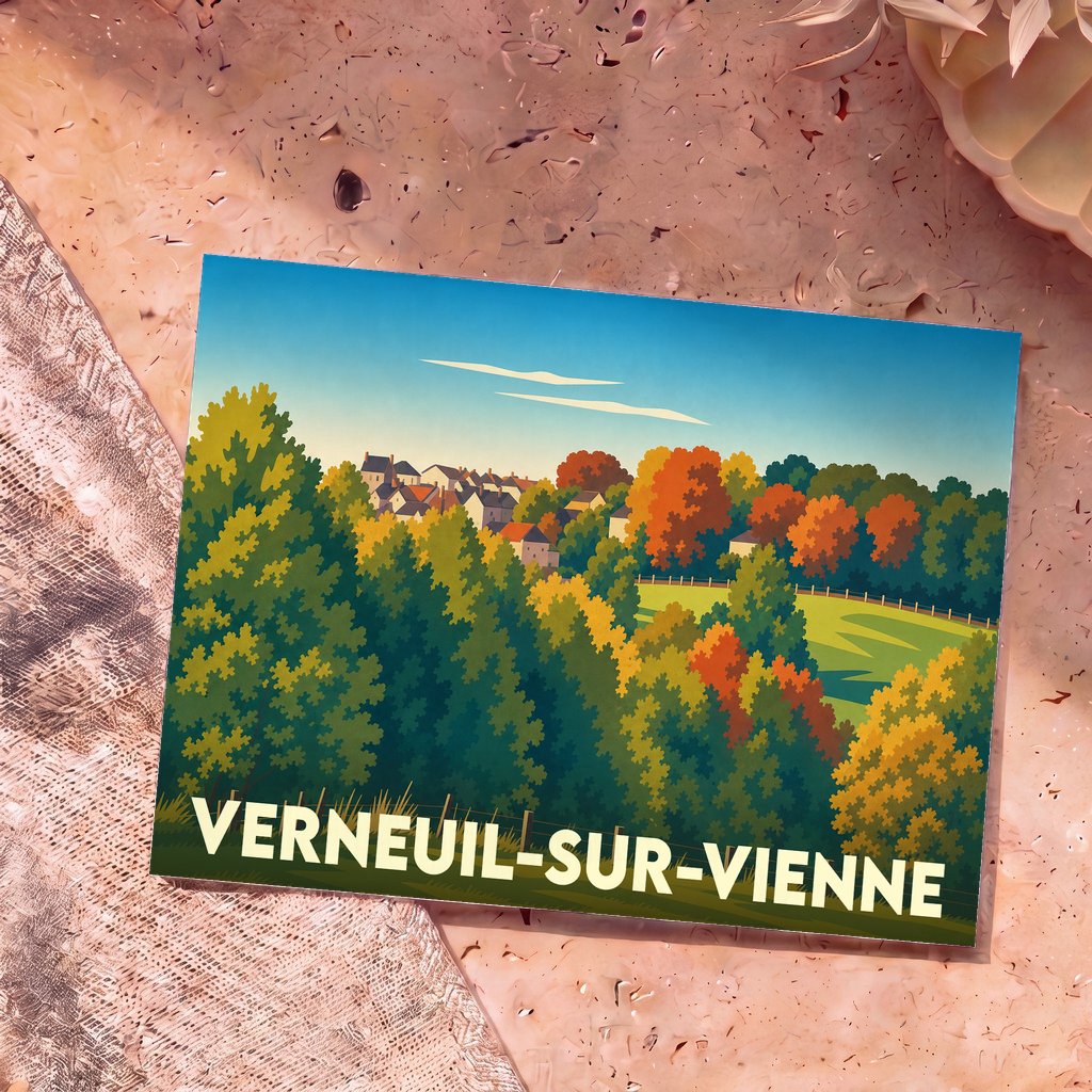 Carte postale souvenir de la ville de Verneuil-sur-Vienne avec une illustration stylisée de paysages boisés et de maisons.
