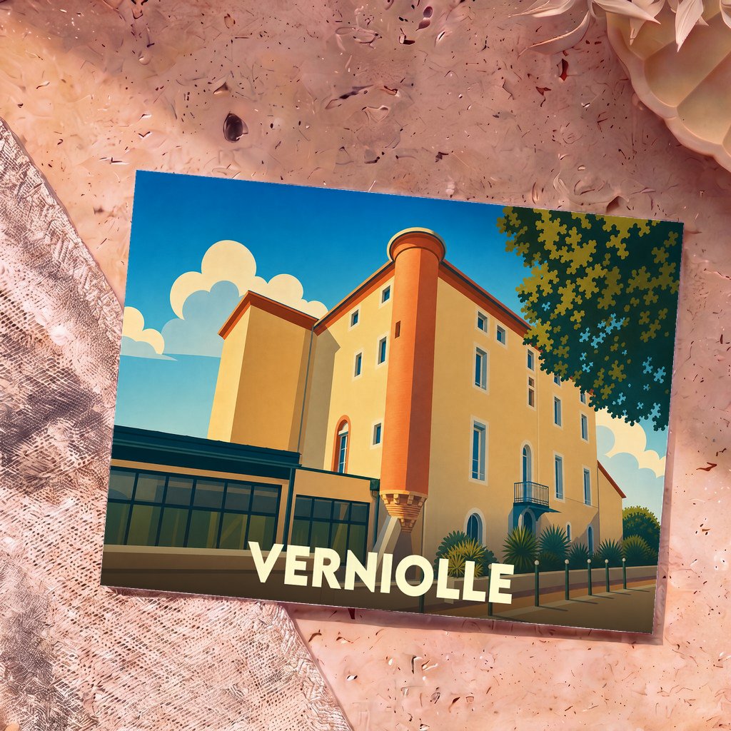 Carte postale souvenir de la ville de Verniolle illustrant son château dans un style graphique épuré.