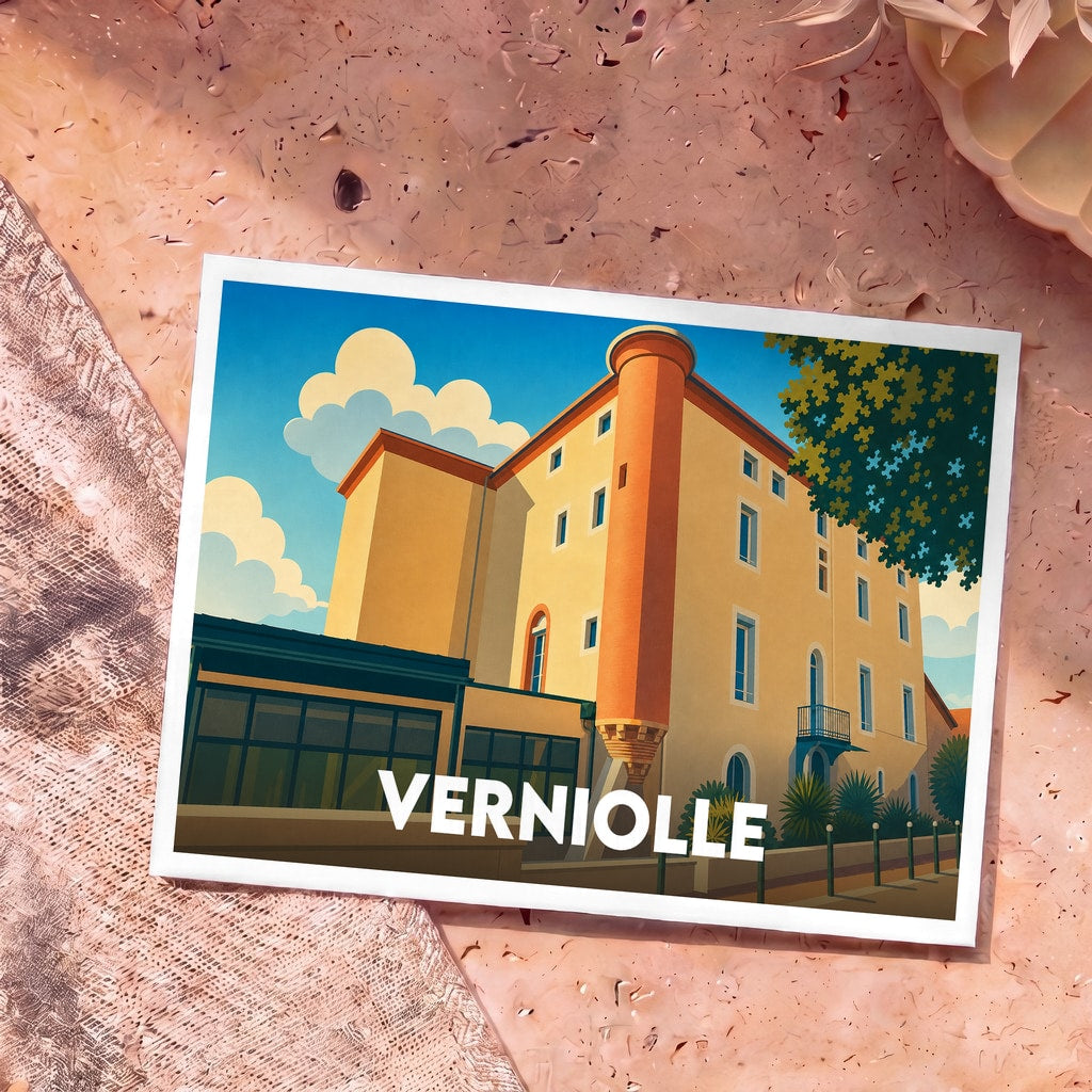 Carte postale souvenir de la ville de Verniolle illustrant son château dans un style graphique épuré.