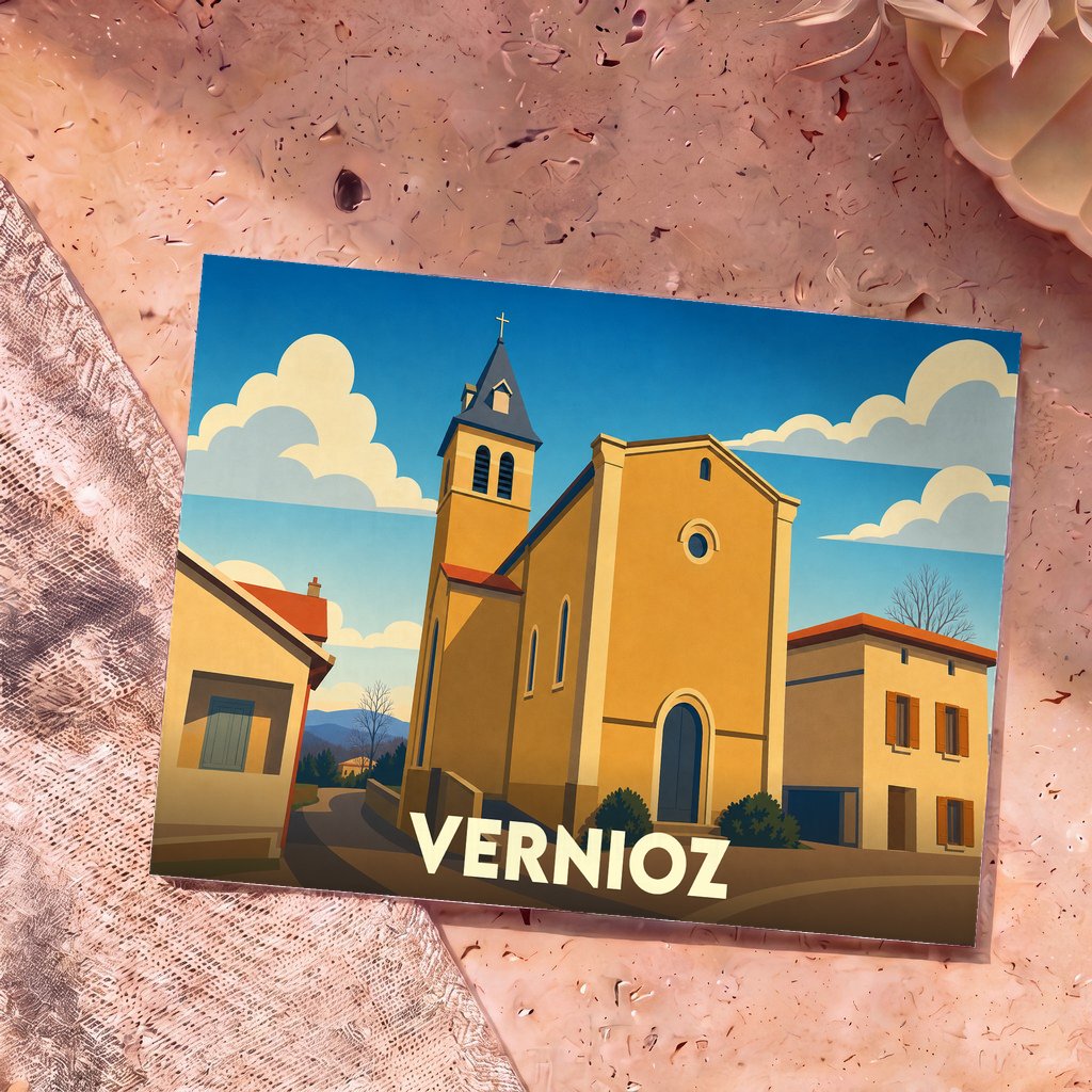 Carte postale souvenir de la ville de Vernioz avec une illustration stylisée de son église sous un ciel azur.
