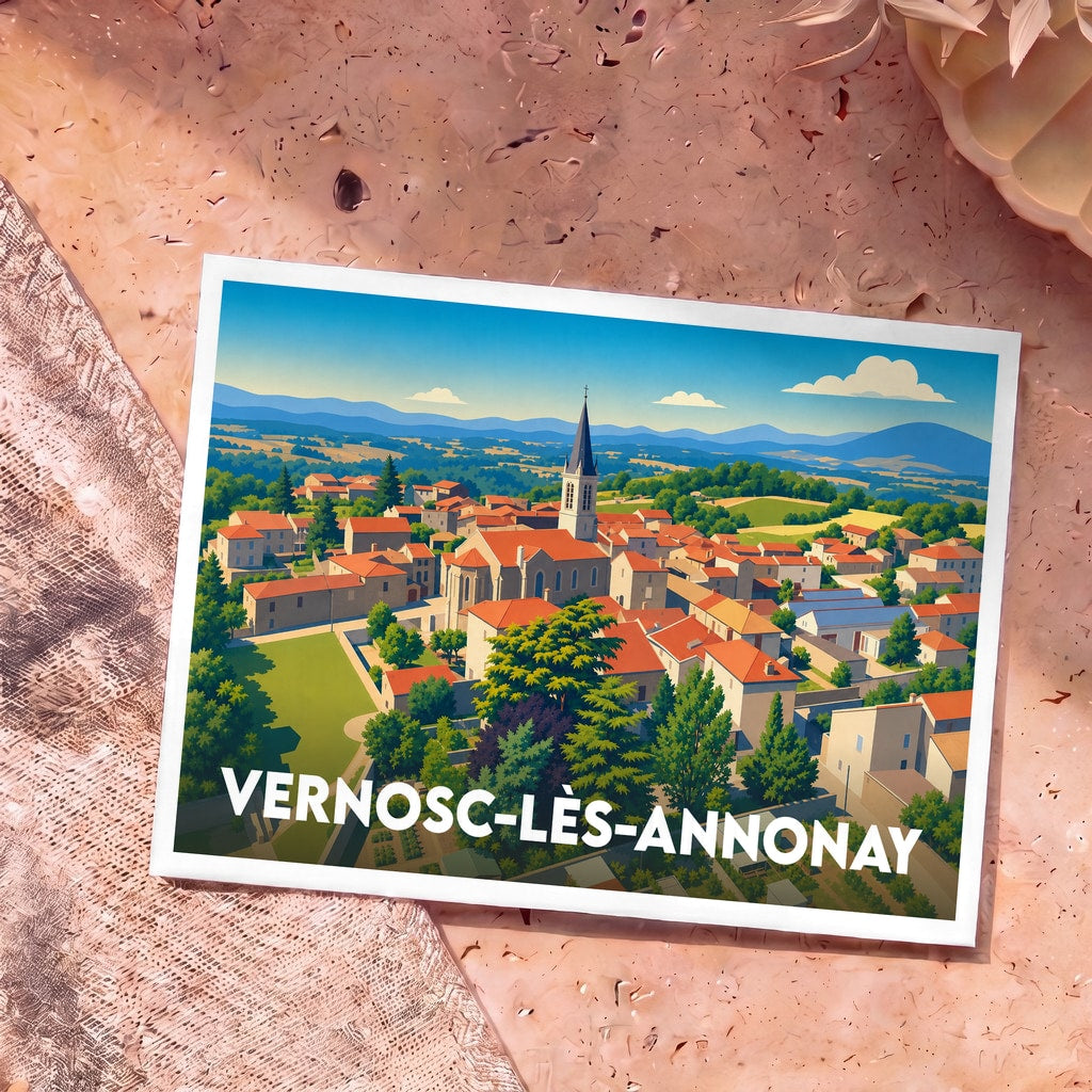 Carte postale souvenir de la ville de Vernosc-lès-Annonay avec une illustration colorée de son église et de ses maisons.