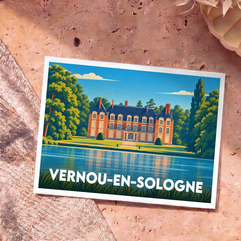 Carte postale souvenir de la ville de Vernou-en-Sologne avec une illustration stylisée d'un château au bord de l'eau.
