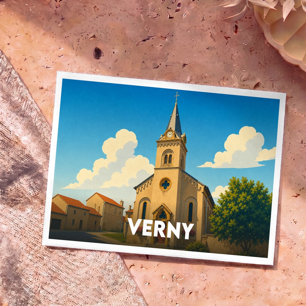 Carte postale souvenir de la ville de Verny avec une illustration stylisée de son église sous un ciel bleu.