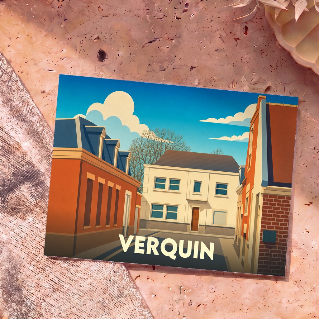 Carte postale souvenir de la ville de Verquin avec une illustration stylisée.