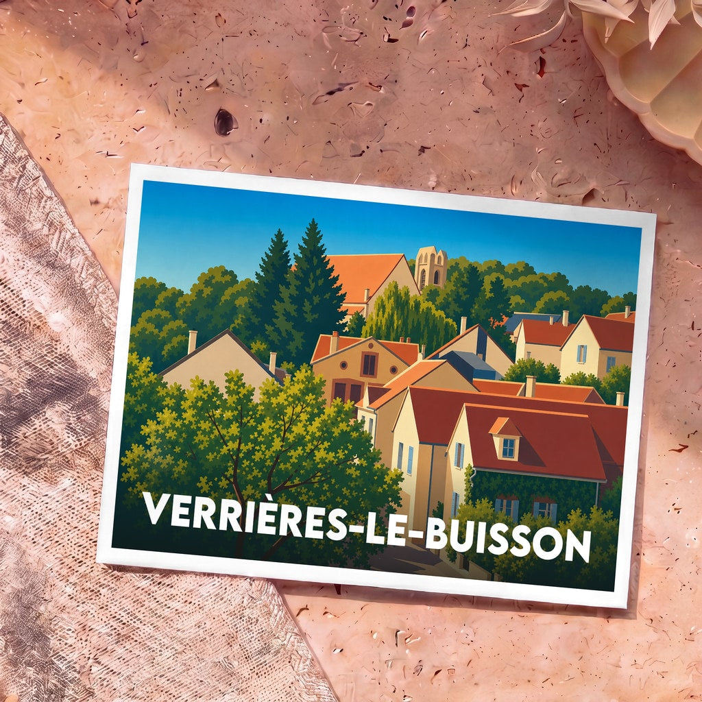 Carte postale souvenir de la ville de Verrières-le-Buisson avec une illustration stylisée de ses maisons et de son église.