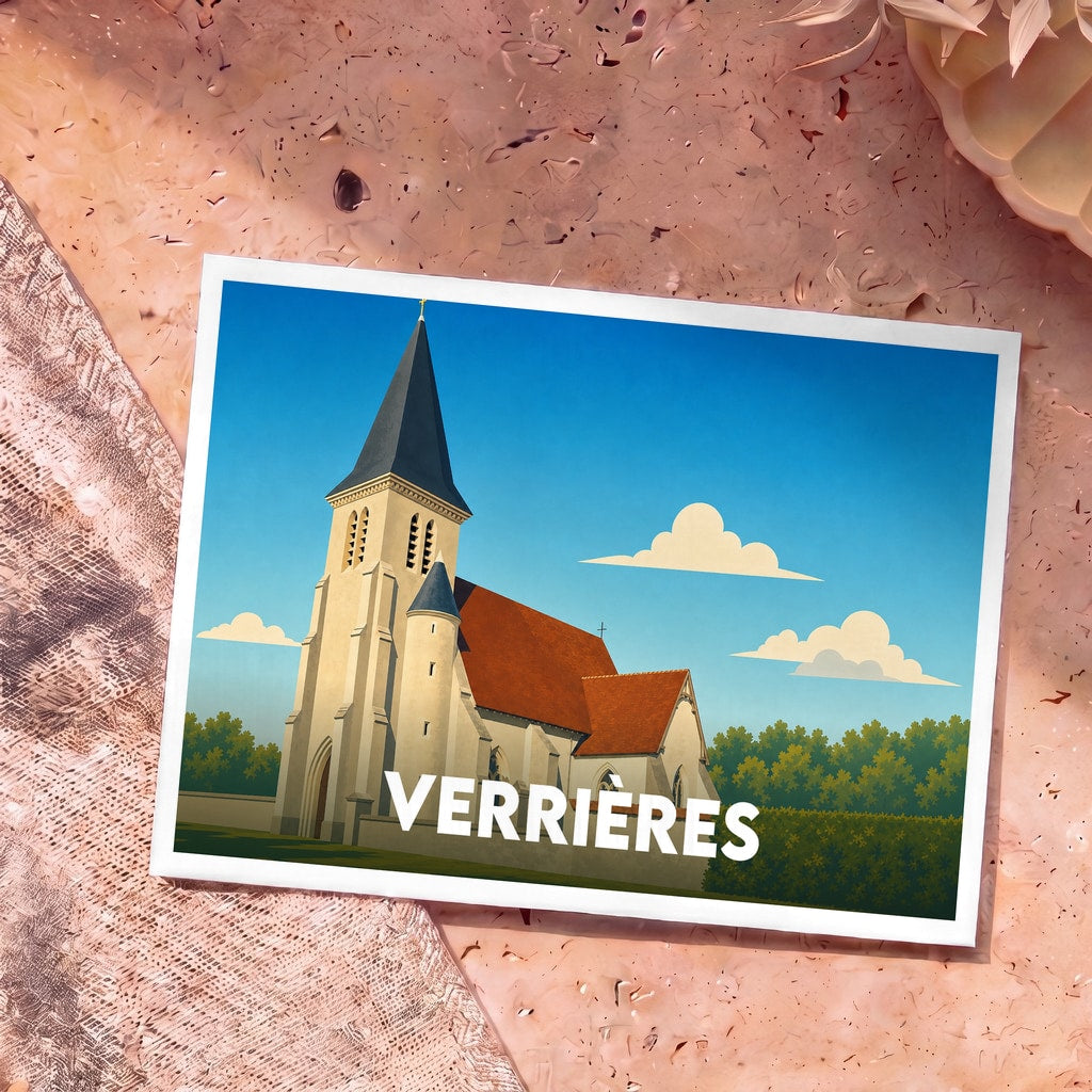 Carte postale souvenir de la ville de Verrières illustrant son église dans un style graphique épuré.