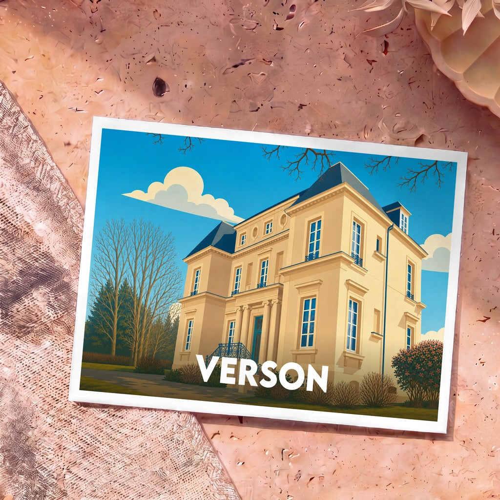 Carte postale souvenir de la ville de Verson avec l'illustration stylisée d'un manoir.