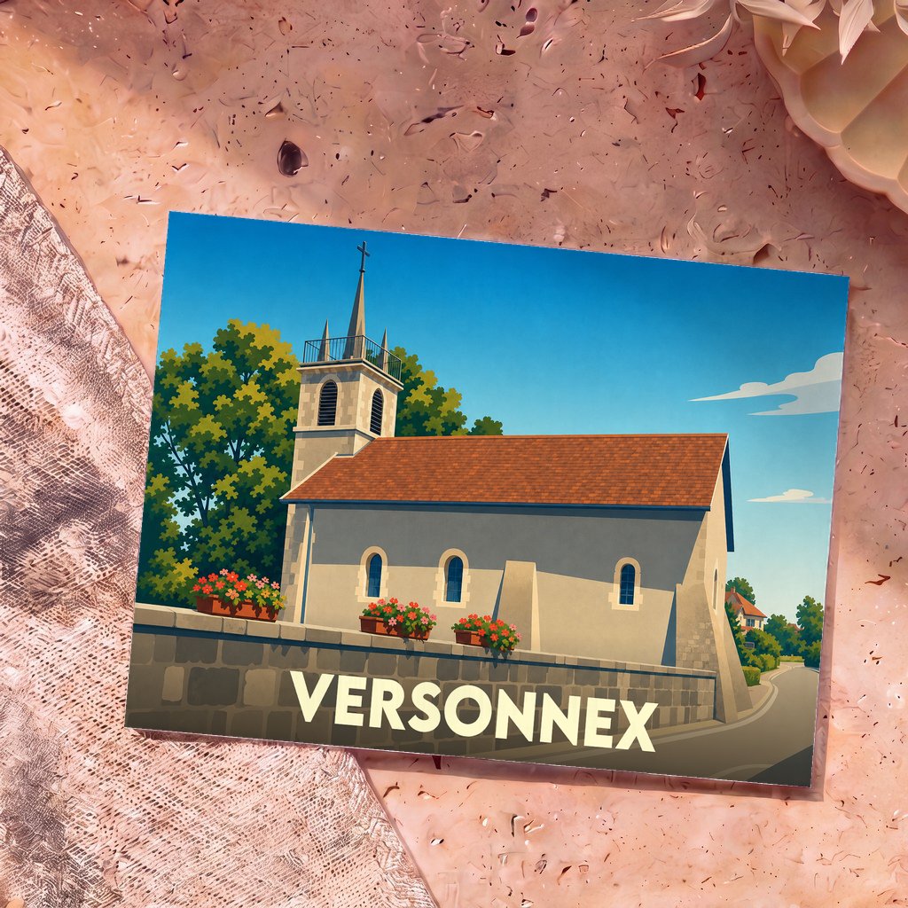 Carte postale souvenir de la ville de Versonnex avec une illustration stylisée de son église sous un ciel bleu.