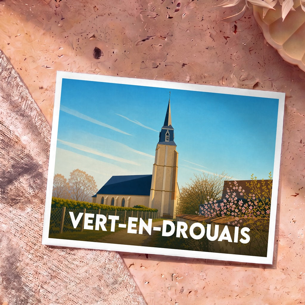 Carte postale souvenir de la ville de Vert-en-Drouais avec une illustration stylisée de son église.