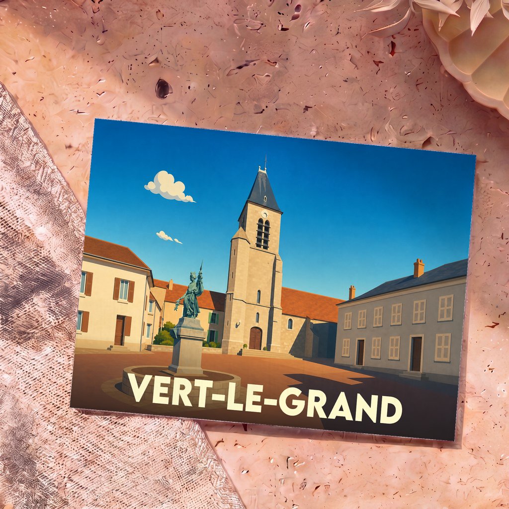Carte postale souvenir de la ville de Vert-le-Grand avec une illustration stylisée de sa place centrale.