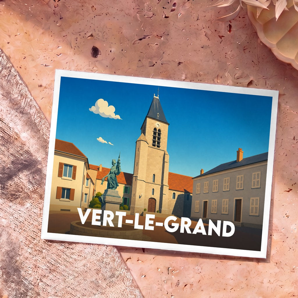 Carte postale souvenir de la ville de Vert-le-Grand avec une illustration stylisée de sa place centrale.