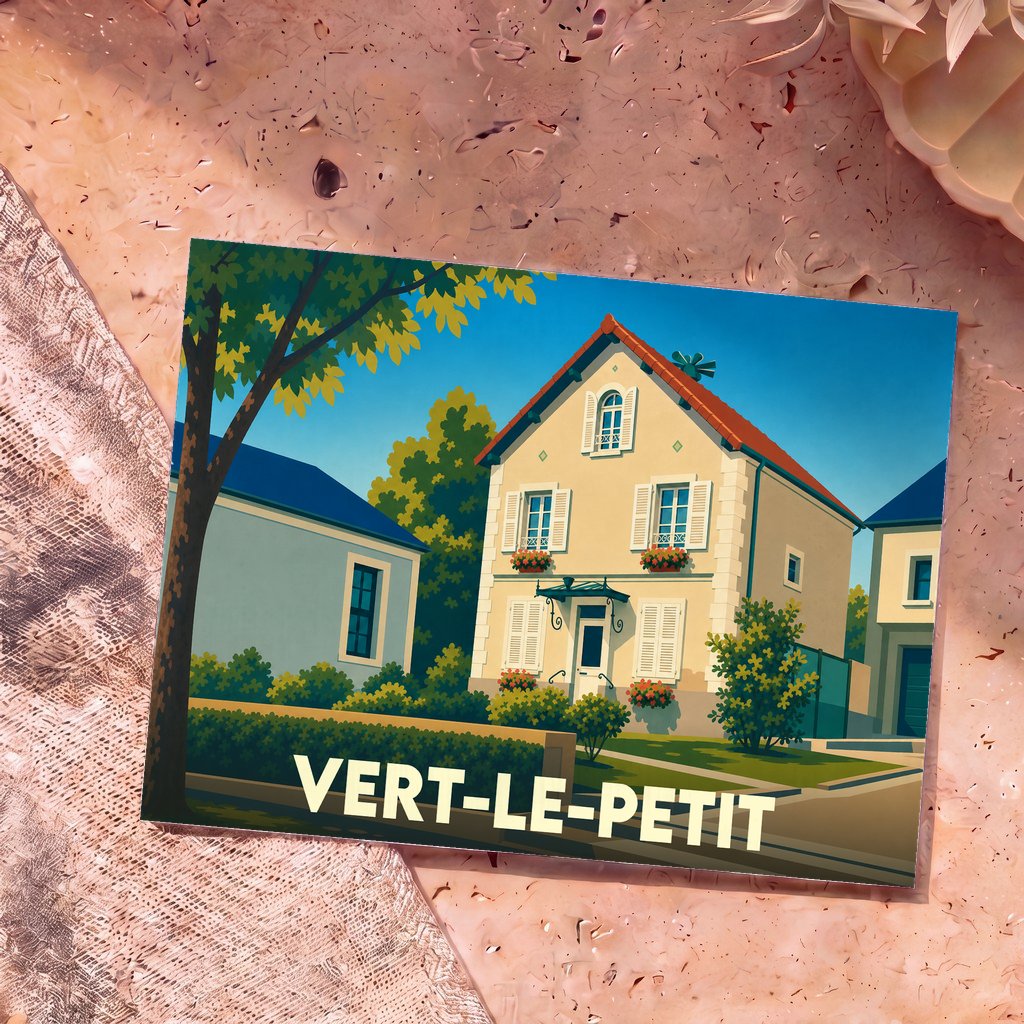 Carte postale souvenir de la ville de Vert-le-Petit avec une illustration stylisée d'une maison de village.