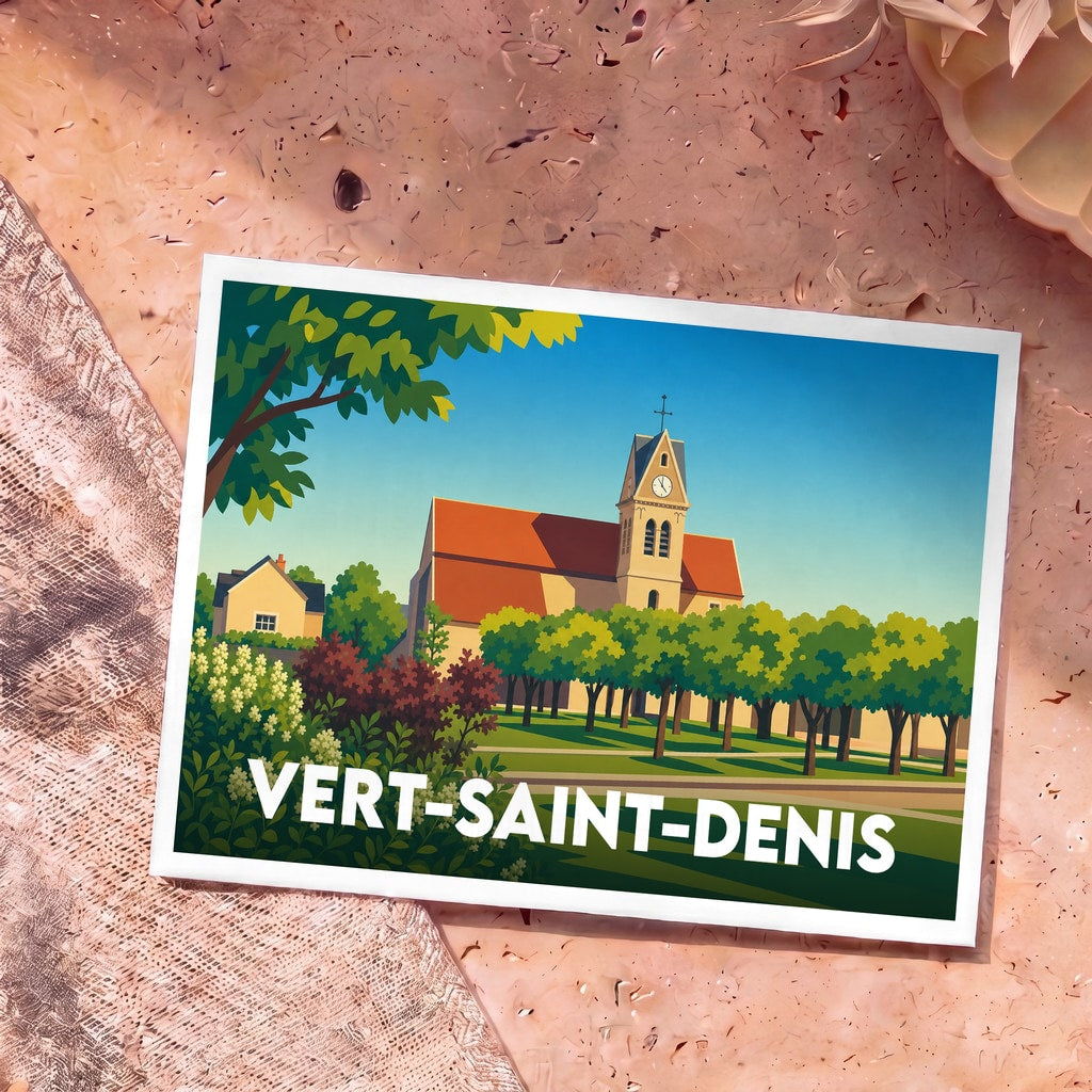 Carte postale souvenir de la ville de Vert-Saint-Denis avec une illustration stylisée de son église.