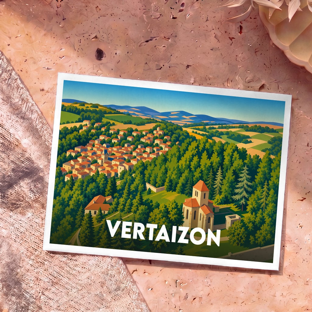 Carte postale souvenir de la ville de Vertaizon avec une illustration stylisée et colorée de ses paysages et monuments.