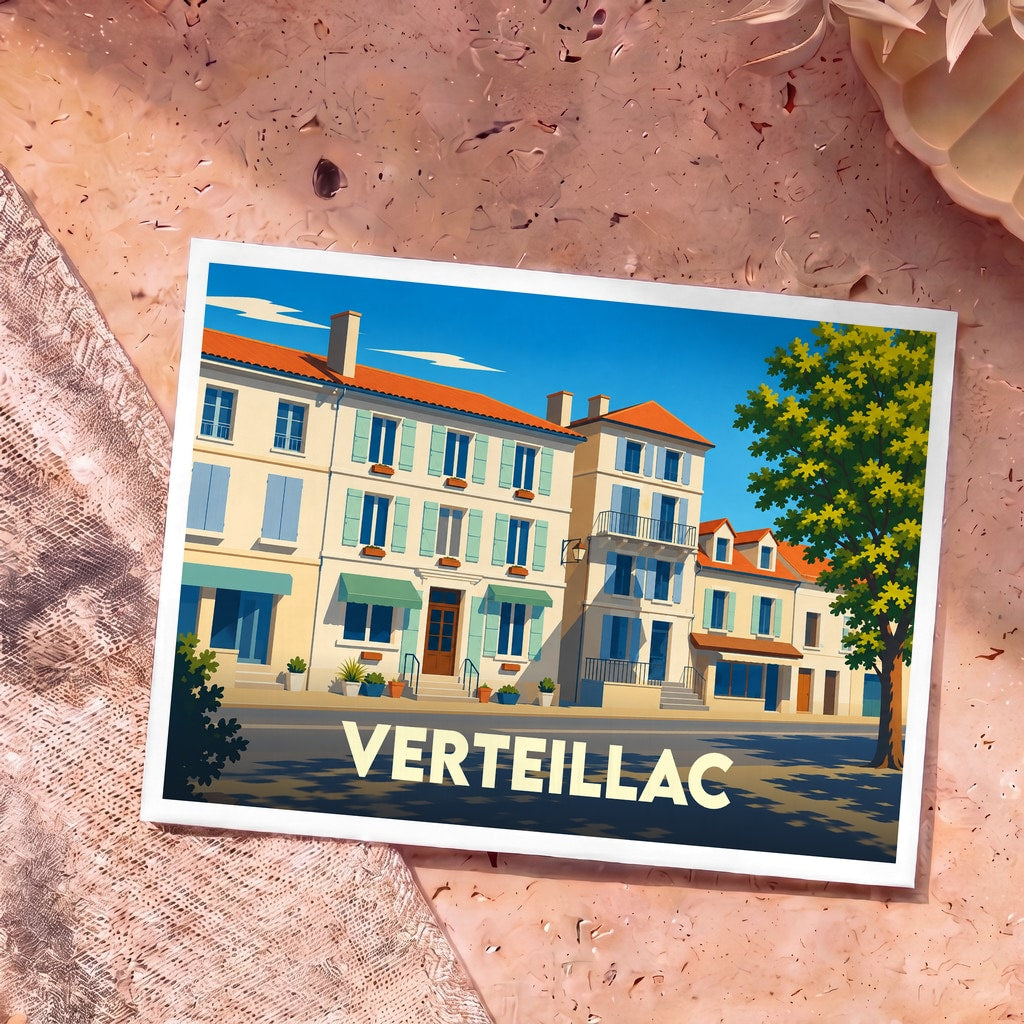 Carte postale souvenir de la ville de Verteillac avec une illustration stylisée de ses façades colorées.