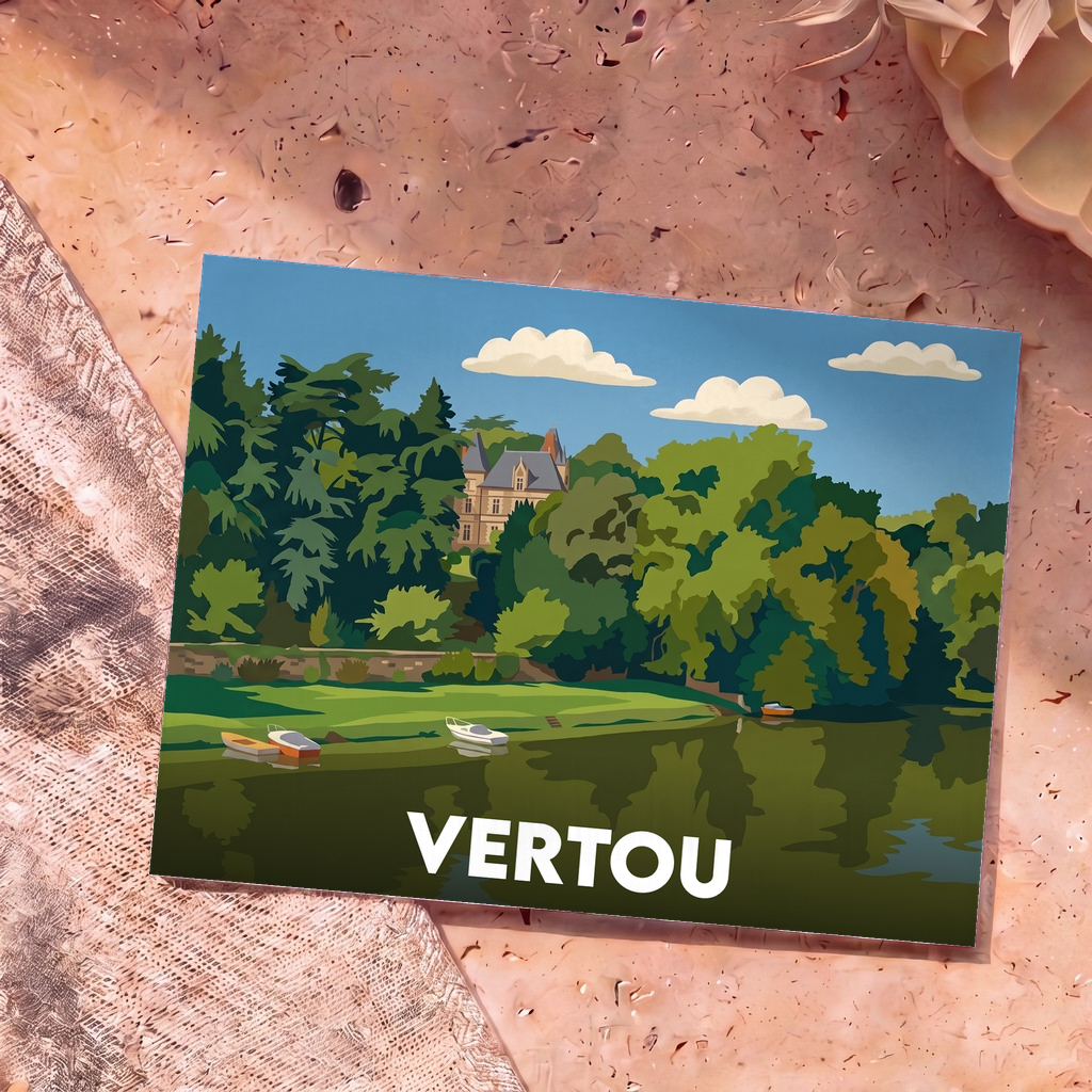 Carte postale souvenir de la ville de Vertou illustrant un château en bord de rivière dans un style graphique épuré.