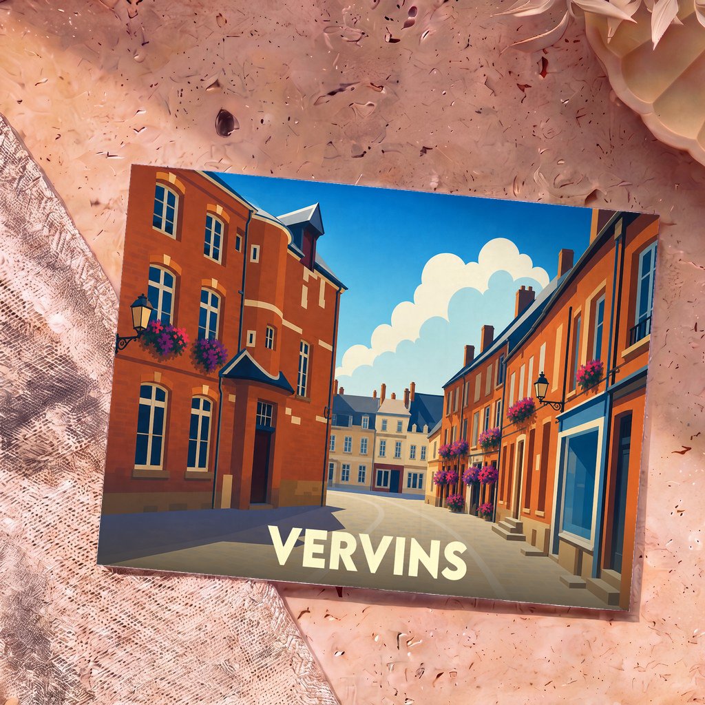 Carte postale souvenir de la ville de Vervins avec une illustration stylisée de ses rues pittoresques.