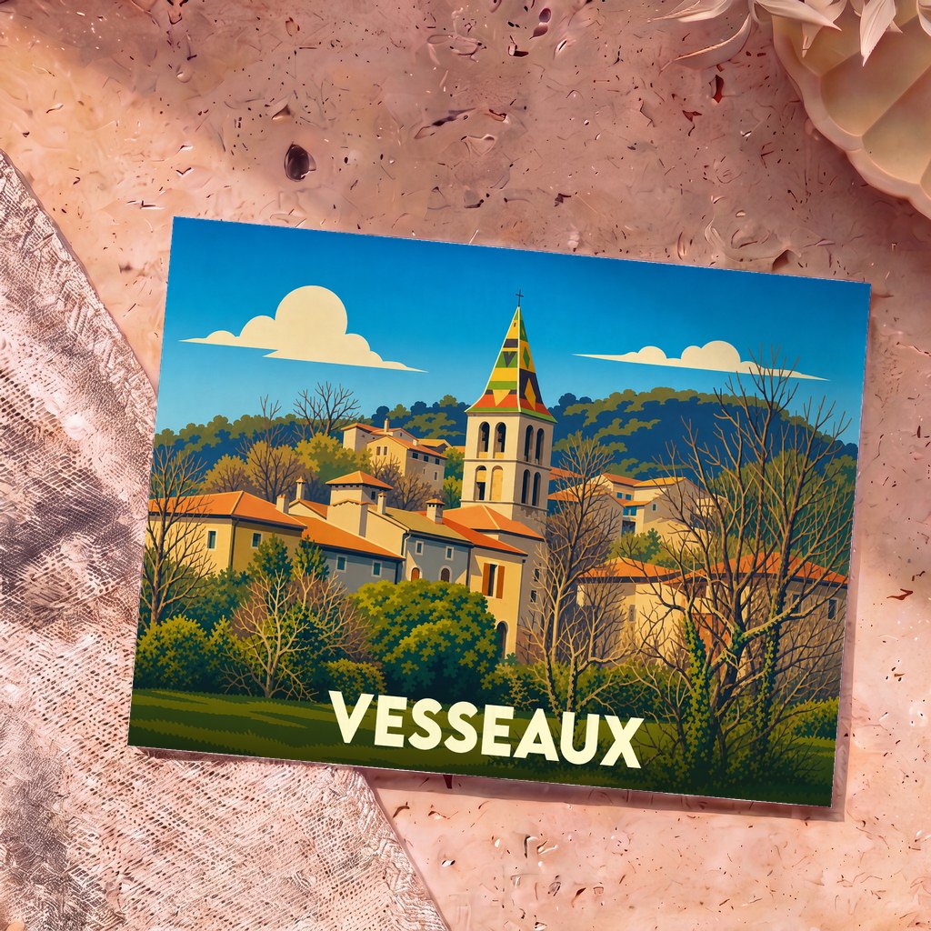Carte postale souvenir de la ville de Vesseaux avec une illustration stylisée de son église et de ses paysages.