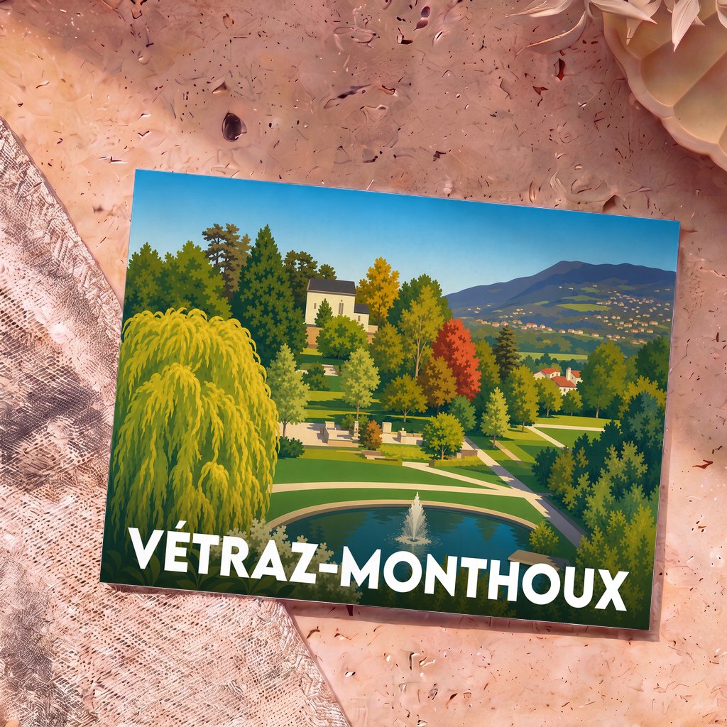 Carte postale souvenir de la ville de Vétraz-Monthoux avec une illustration stylisée de son parc et de ses montagnes.