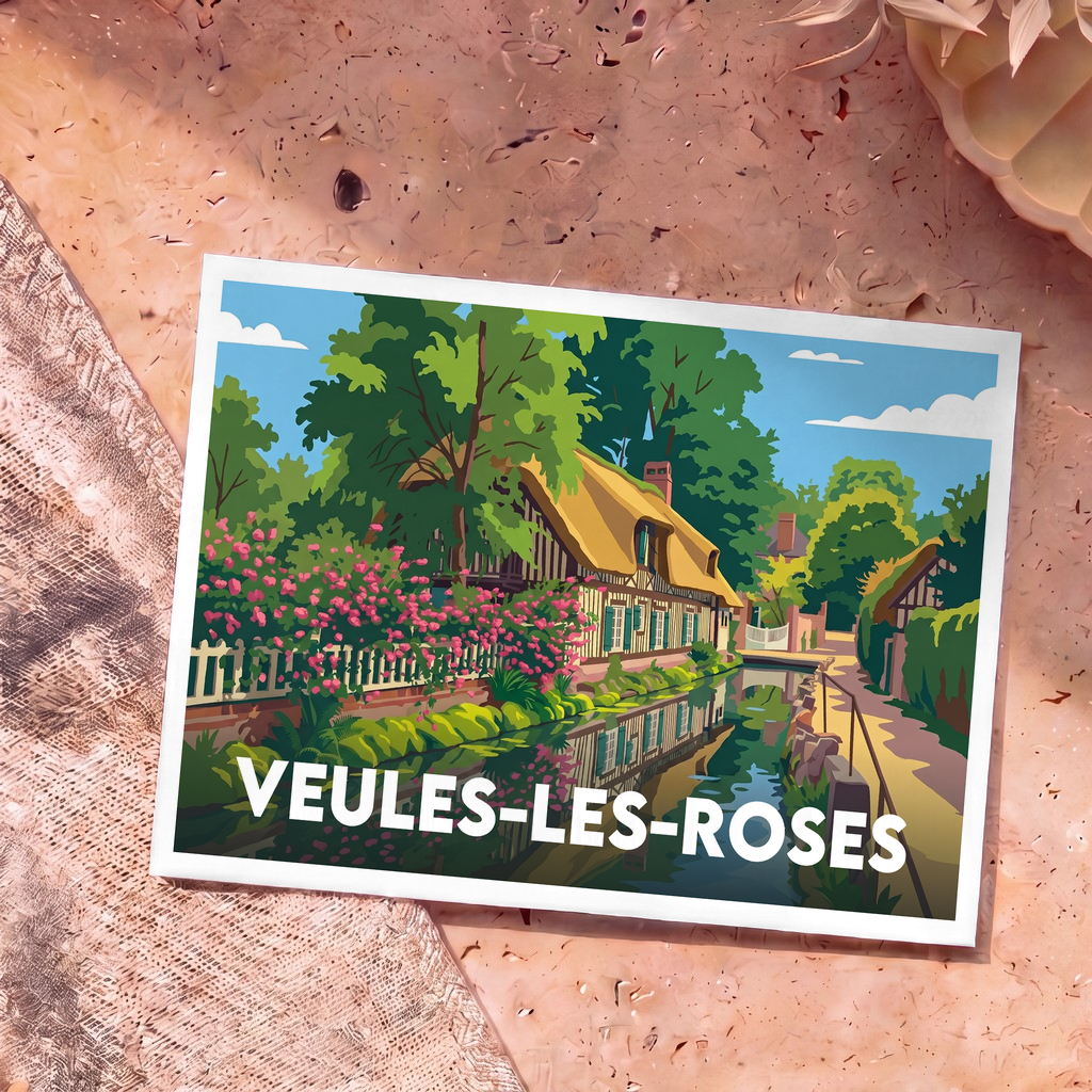 Carte postale souvenir de la ville de Veules-les-Roses avec une illustration stylisée d'une chaumière au bord de l'eau.