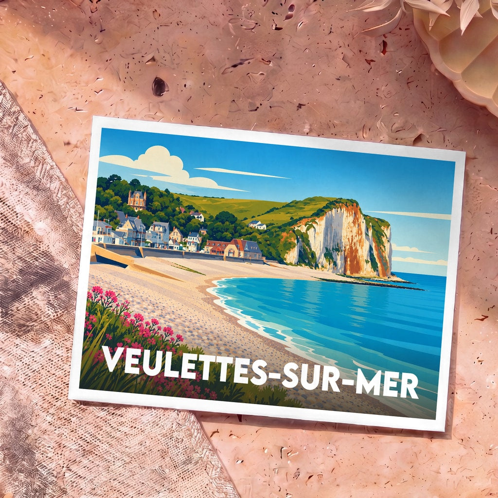 Carte postale souvenir de la ville de Veulettes-sur-Mer illustrée dans un style rétro.