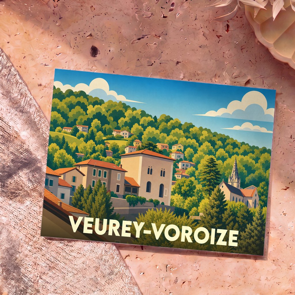 Carte postale souvenir de la ville de Veurey-Voroize avec une illustration stylisée et colorée.